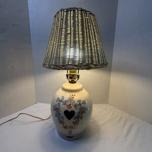 Vtg California Ceramic MCM Pottery Jug Lamp Hand Painted Heart Folk Art Wicker